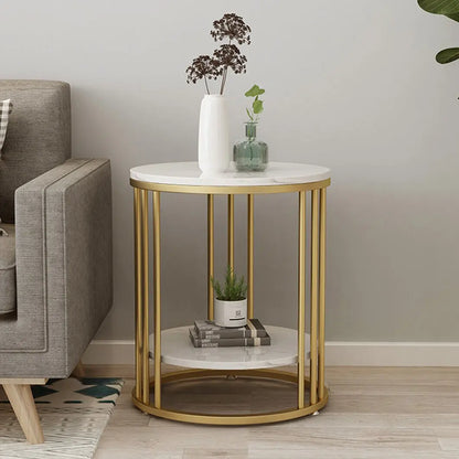 2-Tier White Marble Side Table Round Coffee Table Nightstand