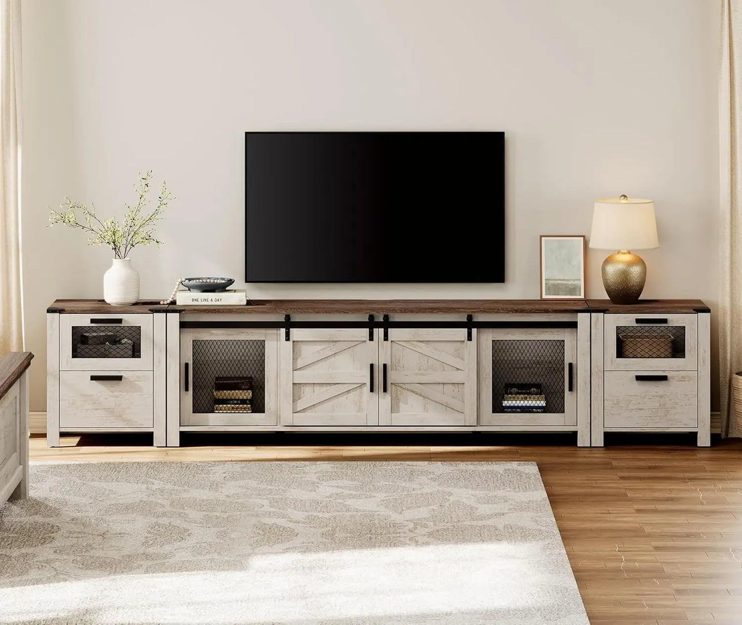 3 and 1 TV Wood Stand Set Entertainment Center for 85 inch TV with Charging Station