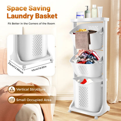 3 Tier Rolling 360° Rolling Laundry Hamper, Clothes Sorter Organizer with 4 Wheels