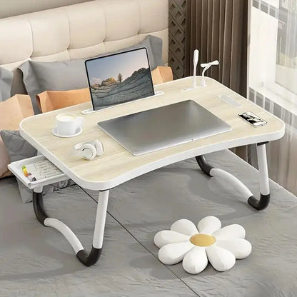 Portable Foldable laptop Desk for working with USB Light, Small Fan, Cup Holder, Tablet Slot, and Lifting Handle