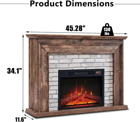 45" Flip Top Electric Fireplace adjustable flame level with Mantel, Heater, TV Stand, (Brown)