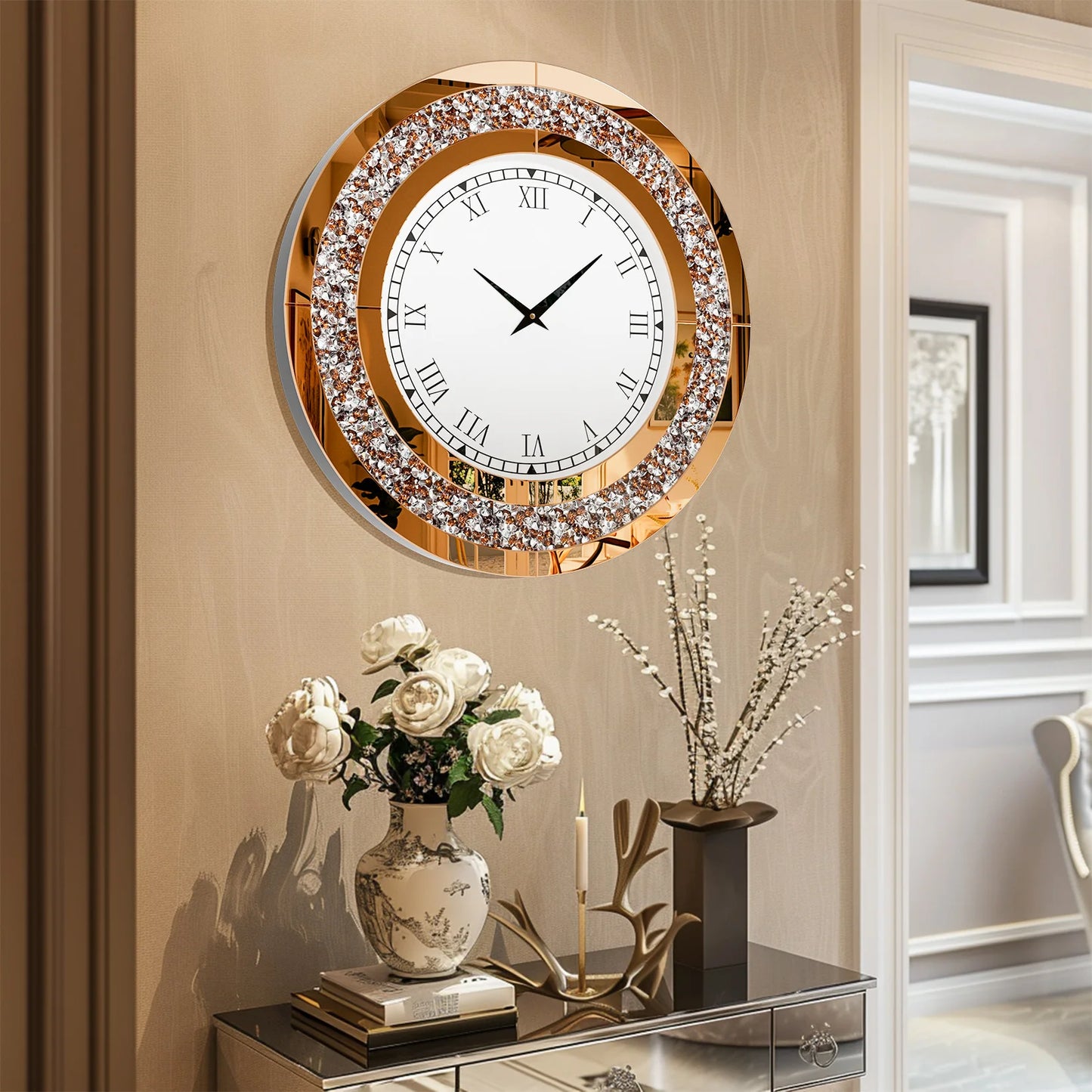 24 inch Large Crystal Mirrored Wall Clock