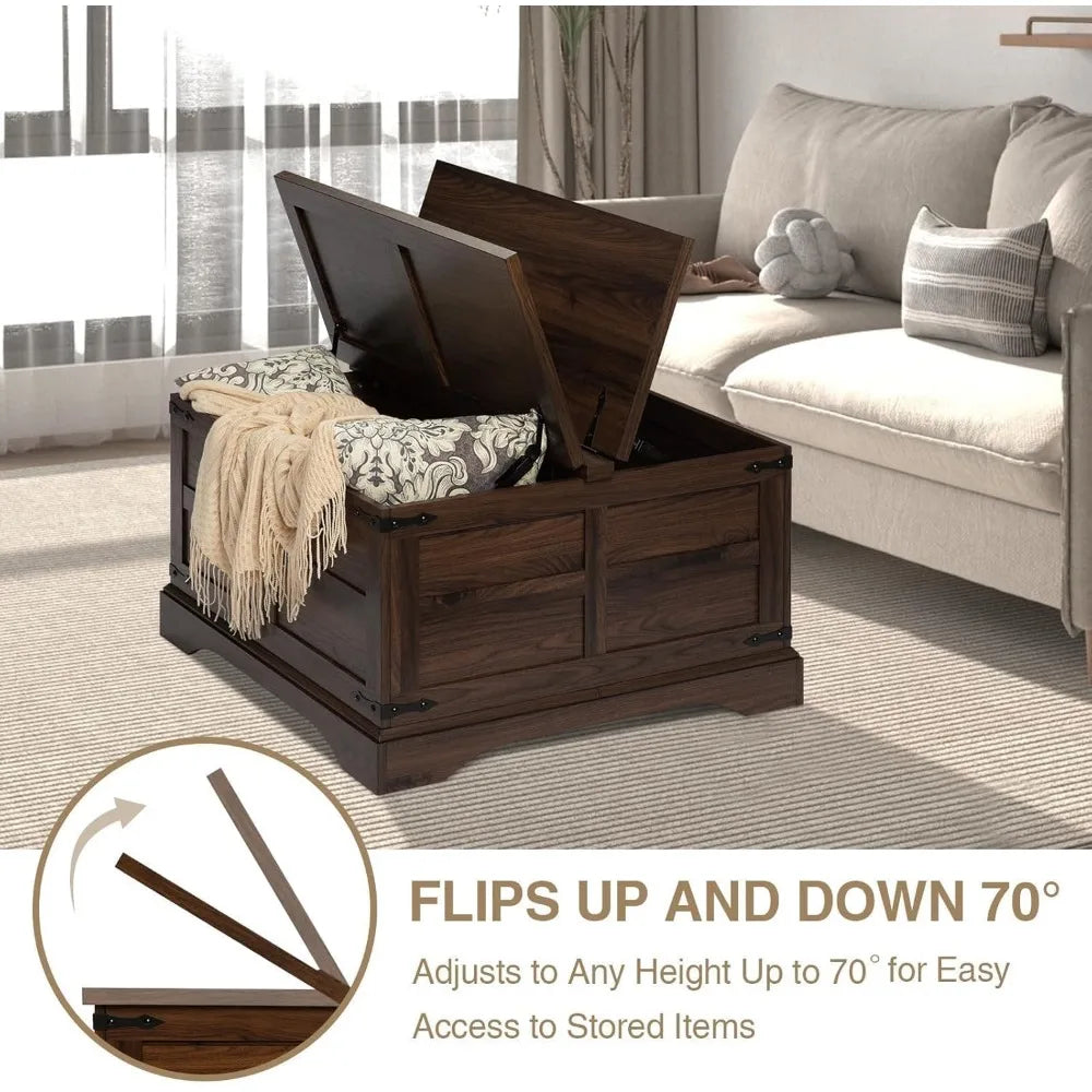 Farmhouse Rustuc Square Wooed Coffee Table with Hinged Lift Top and Large Hidden Storage Compartment