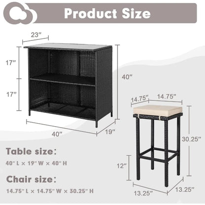 3-Piece Wicker Patio Outdoor Bar Set, 2 Stools and 1 Glass Top Table, Bistro Set,