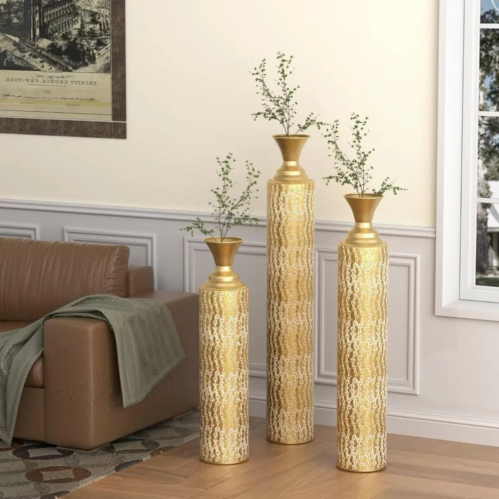 Extra Large Tall Gold Metal Floor Vases Decorative Tall Set of 3, Flower Center Vases