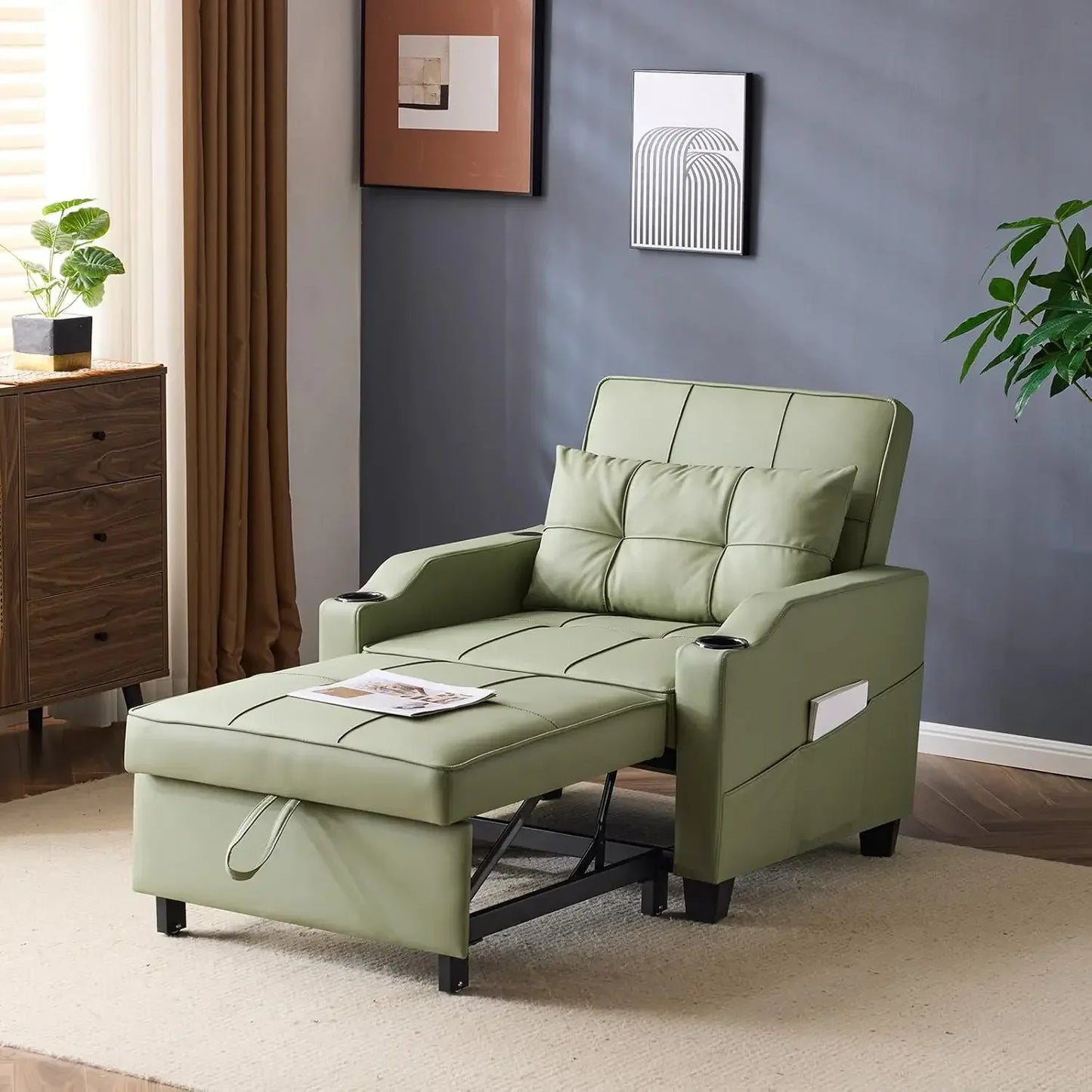 Sleeper Chair 3-in-1 Pull out Couch Sleeper Sofa Light Gray, Recliner with USB Ports, Cup Holders, Side Pockets