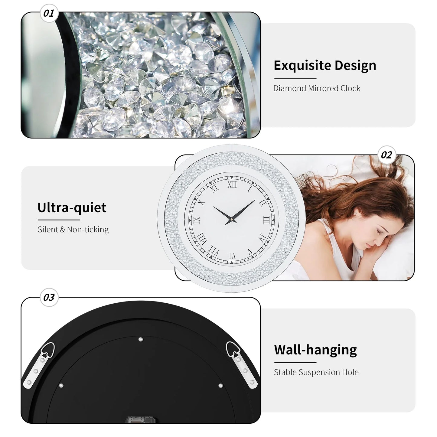 24 inch Large Crystal Mirrored Wall Clock