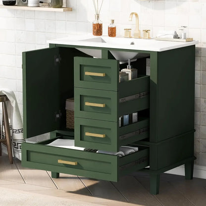 36" Bathroom Vanity organizer With Sink, Modern Green Bathroom Vanity With 3 Drawers