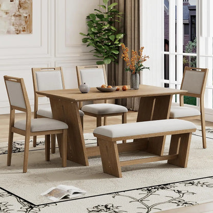 6-Piece Retro Dining Set for 6 Dining Table Set with 4 Upholstered Chairs & 1 Rectangular Bench