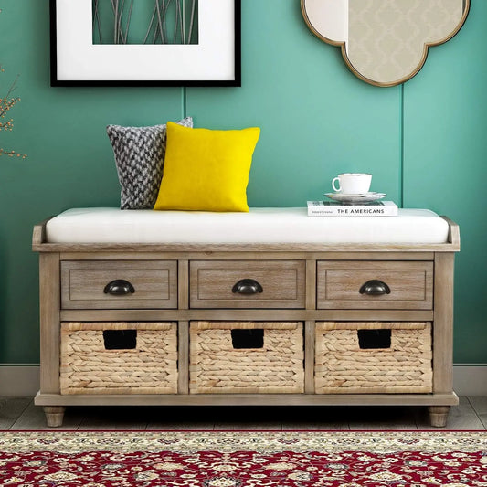 Wood Storage Entryway Bench with 3 Drawers, 3 Rattan Baskets with removable cushion