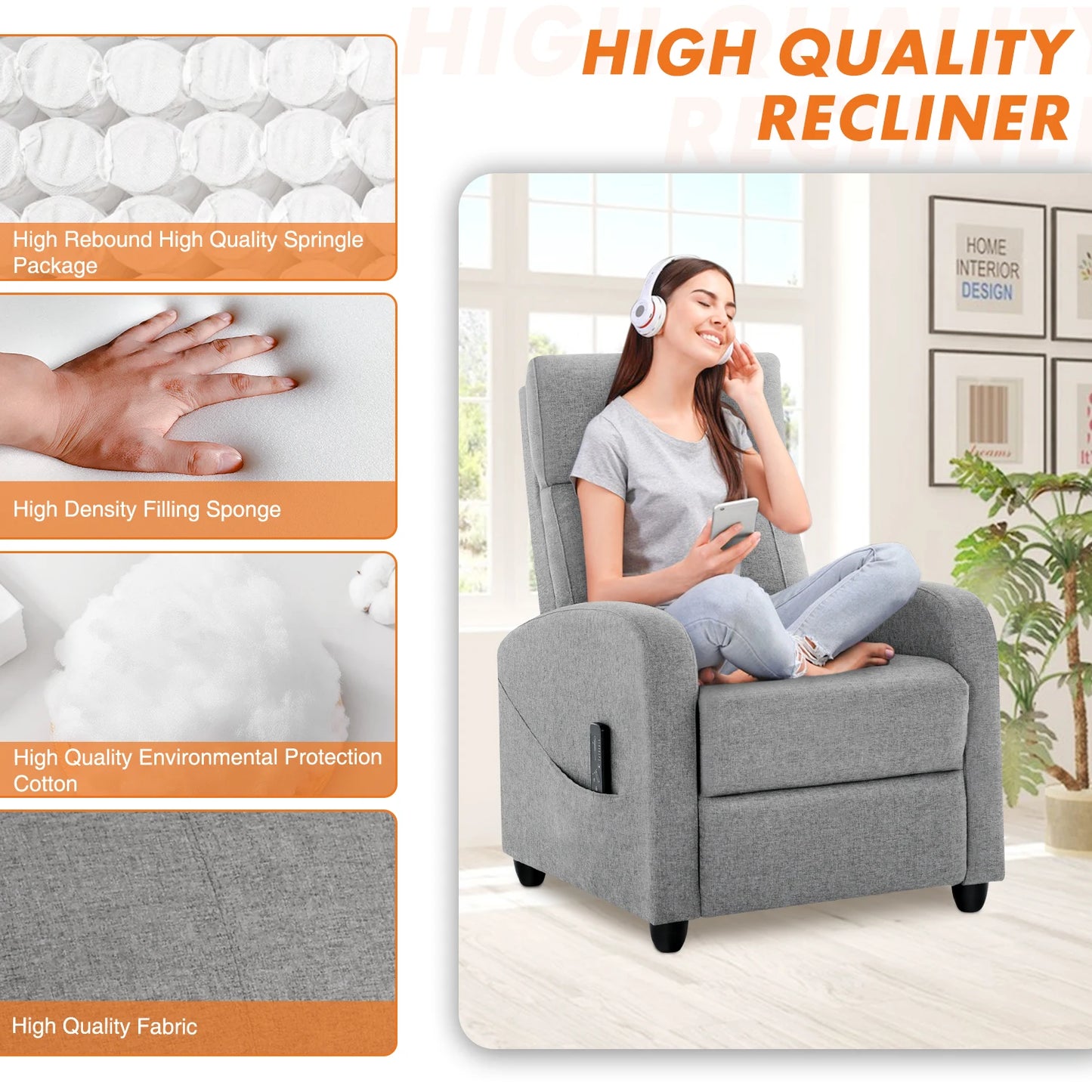 JHK Recliner Massage Sofa Chair Theater adjustable Lumbar Support, Padded Seat Backrest, Grey