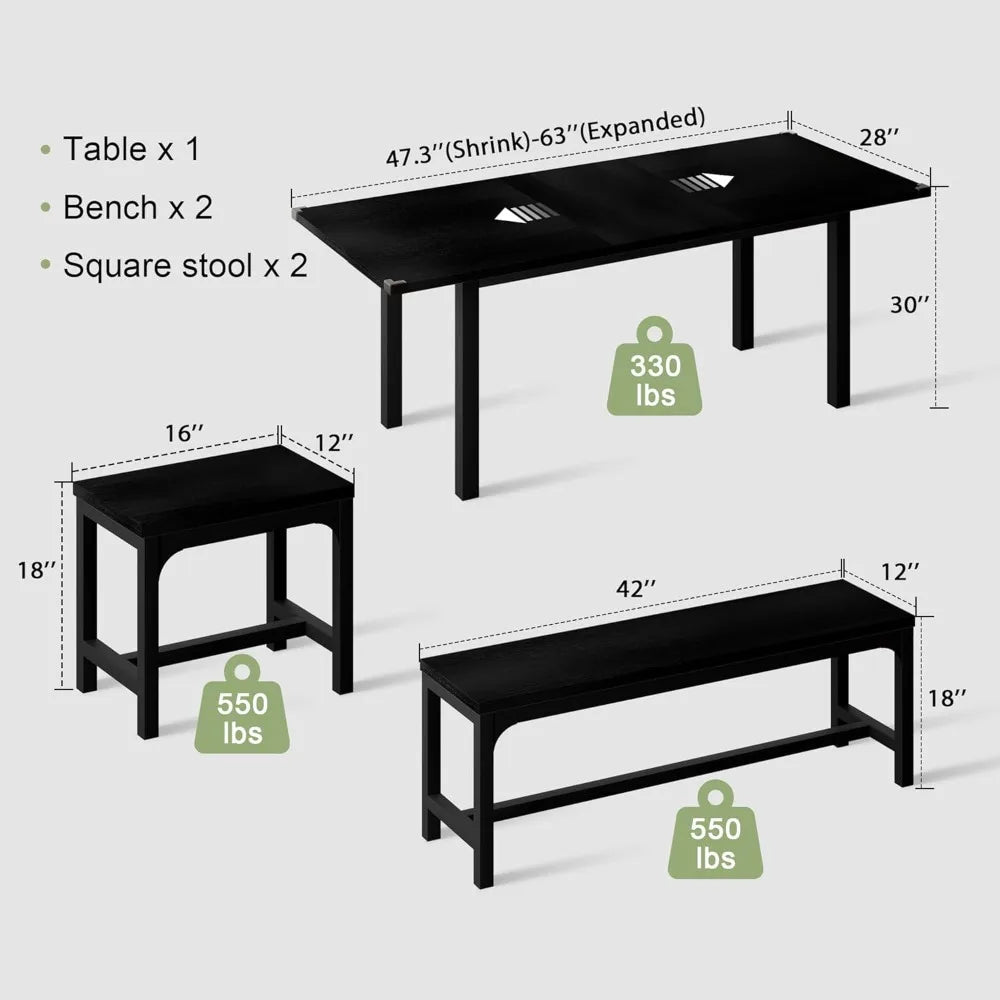 63" Large 5-piece Extendable Kitchen Table Set-with 2 Benches and 2 Square Stools