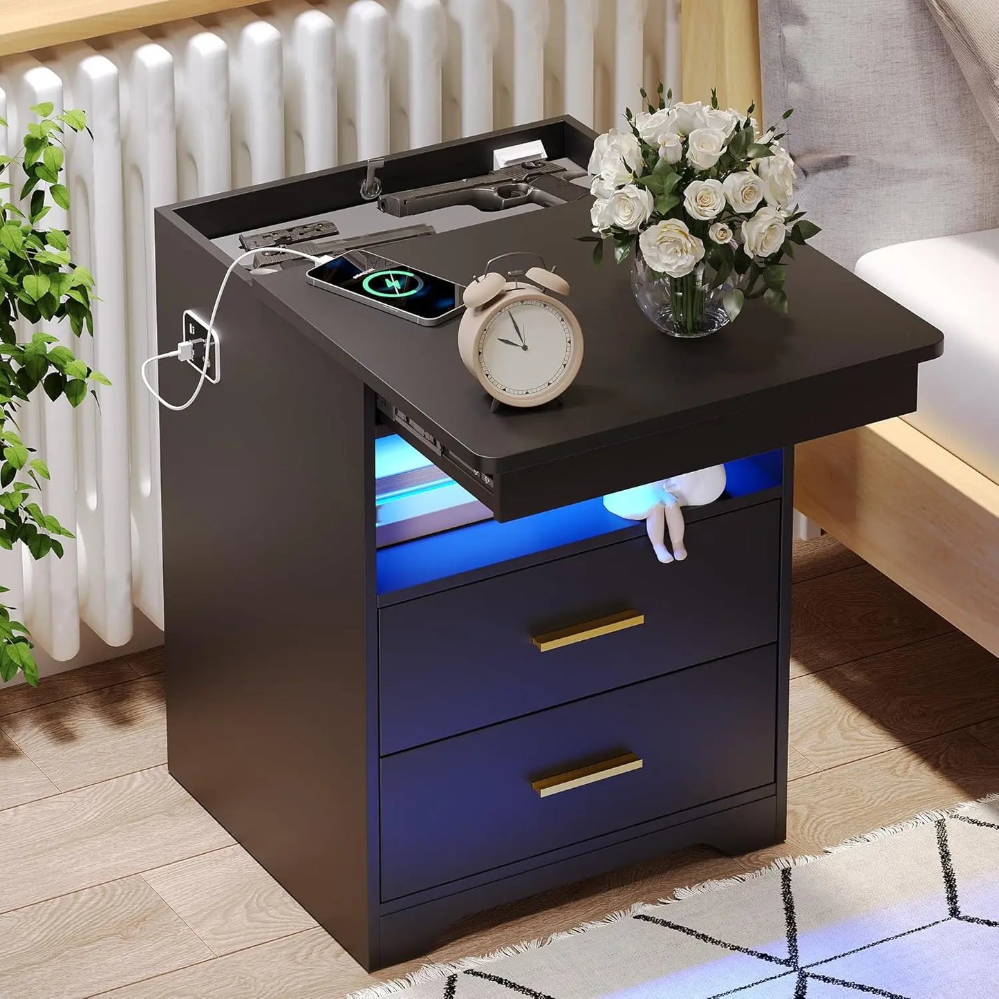 Modern Charging Table with USB & Type-C Port, LED Nightstand with Human Sensor Light