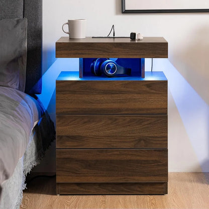 Set of 2 Walnut Tall High Gloss Nightstands ,with Wireless Charging Station with 3 Drawers