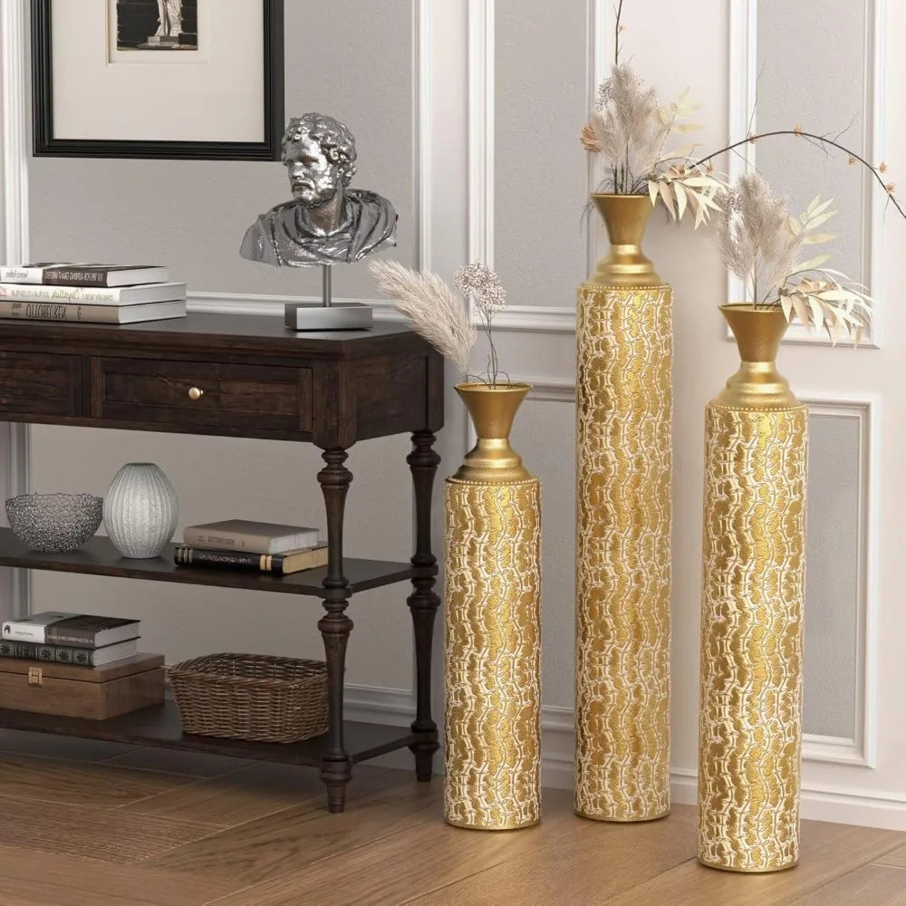 Extra Large Tall Gold Metal Floor Vases Decorative Tall Set of 3, Flower Center Vases