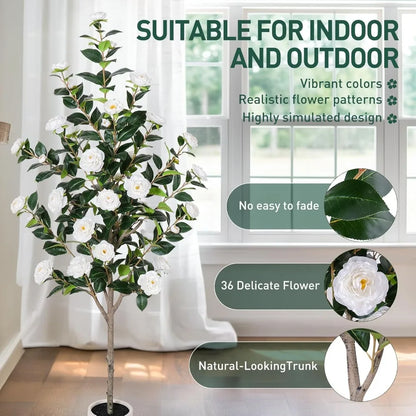 63 inch Artificial Camellia Tree with White Flower Pots -5 Ft Faux Plants, 2 pack