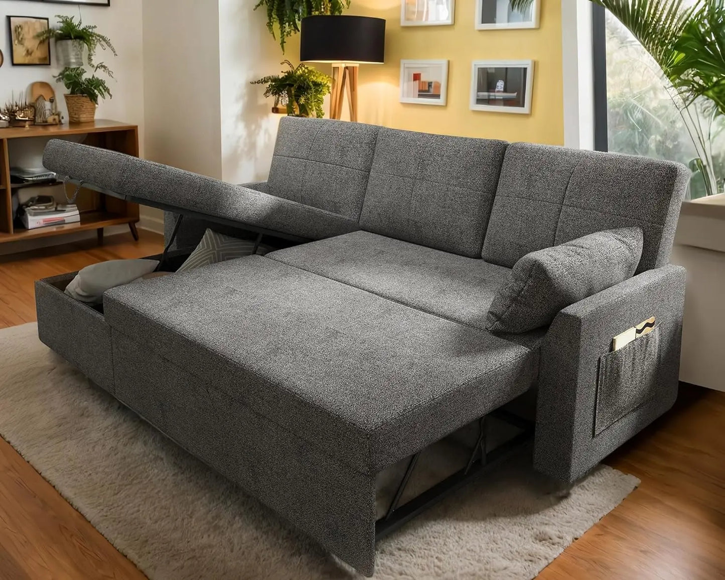 Sofa Bed, Sleeper Sofa with Storage Chaise, Pull Out Couch for Living Room, Grey Chenille Bed Couch