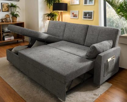Sofa Bed, Sleeper Sofa with Storage Chaise, Pull Out Couch for Living Room, Grey Chenille Bed Couch