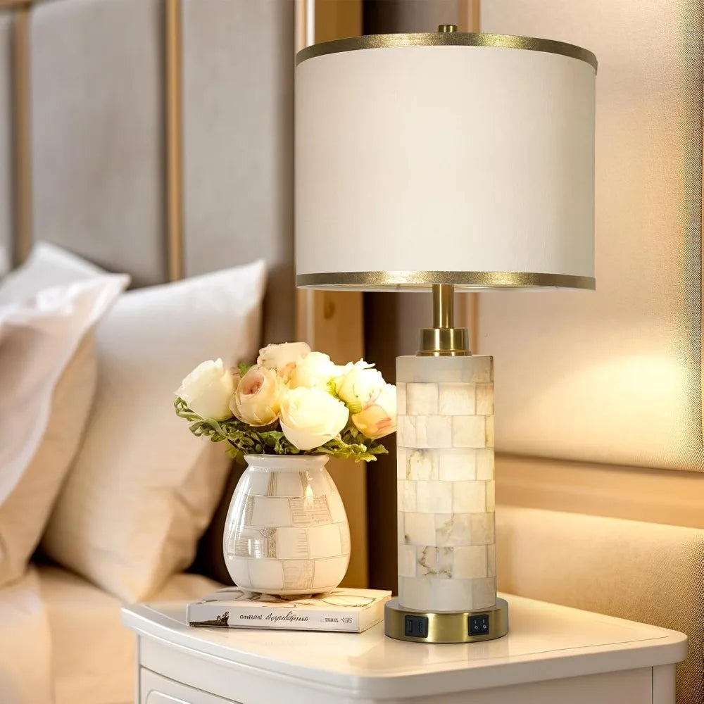 Natural Alabaster Nightstand Lamp with Linen Shade, Set of 2 with Night Light and USB Ports