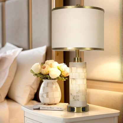 Natural Alabaster Nightstand Lamp with Linen Shade, Set of 2 with Night Light and USB Ports