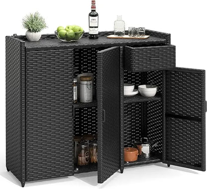 Patio Bar Table with Two Doors and Shelves, Waterproof Wicker Outdoor Storage Cabinet