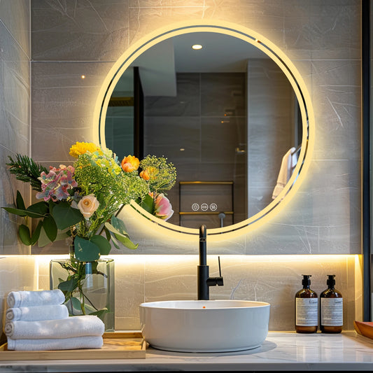 Illuminated Wall Mounted Lighted Mirror with LED Lights Circle Backlit, 3 Colors Change, Dimmable