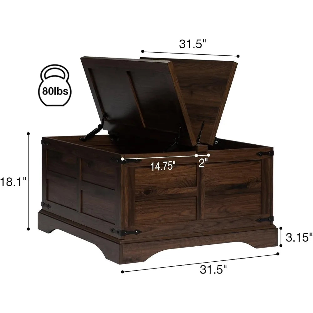 Farmhouse Rustuc Square Wooed Coffee Table with Hinged Lift Top and Large Hidden Storage Compartment