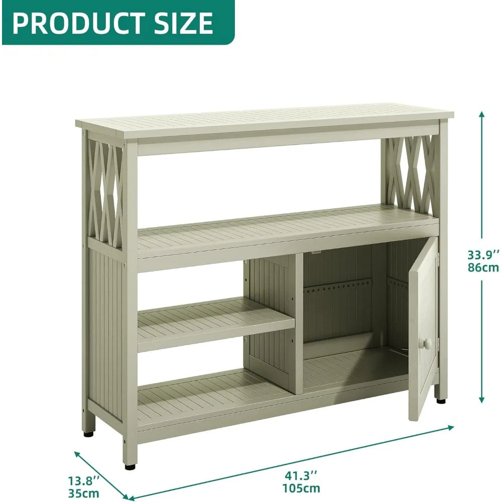 Acacia Wood OutdoorPatio Bar Table with Storage and Shelves, Sideboard Storage