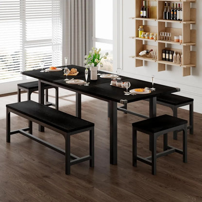 63" Large 5-piece Extendable Kitchen Table Set-with 2 Benches and 2 Square Stools