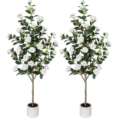 63 inch Artificial Camellia Tree with White Flower Pots -5 Ft Faux Plants, 2 pack