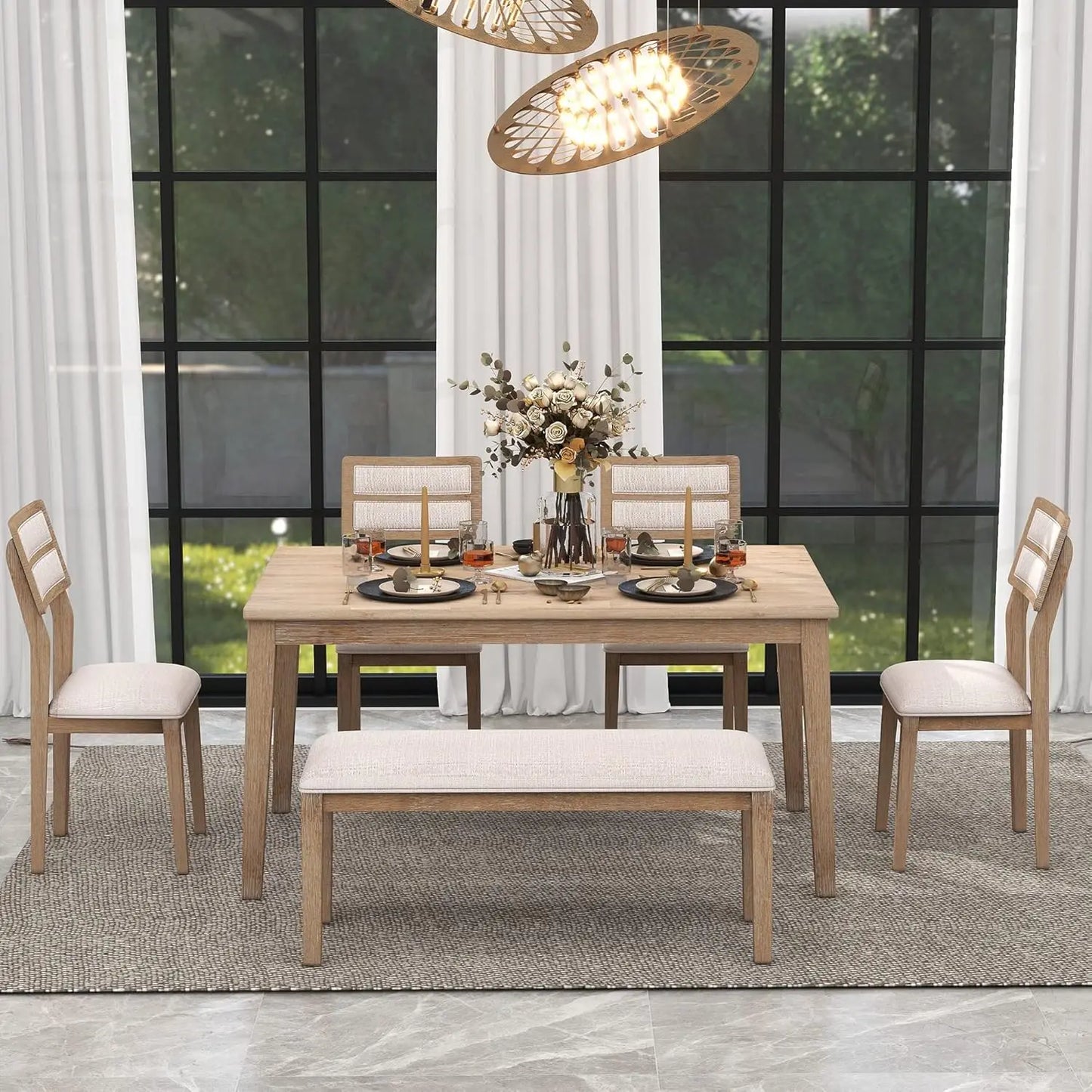 6 Pieces Rectangular Wood Dining Table Set with Bench and Unique Legs with 4 Upholstered Chairs