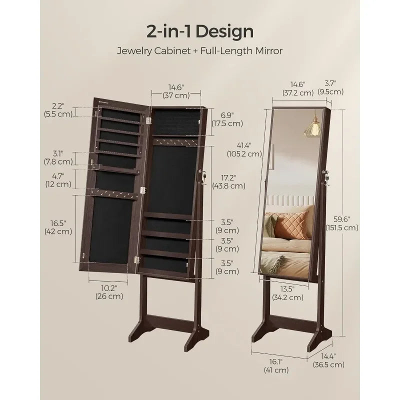 Standing Jewelry Cabinet Armoire with Full-Length Mirror, Lockable Jewelry Organizer,Brown Surface