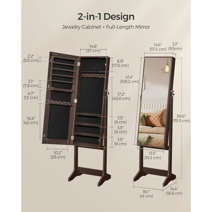 Standing Jewelry Cabinet Armoire with Full-Length Mirror, Lockable Jewelry Organizer,Brown Surface