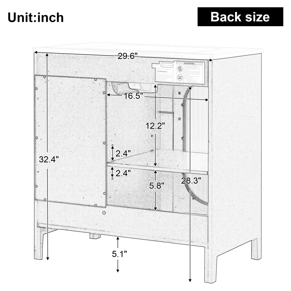 30" Bathroom Vanity with Sink  with Two Drawers and Door, Adjustable Shelf, Solid Wood, Black
