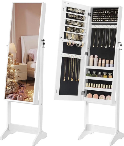 Standing Jewelry Cabinet Armoire with Full-Length Mirror, Lockable Jewelry Organizer,Brown Surface