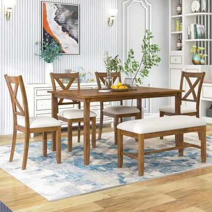 6 Pieces Rectangular Wood Dining Table Set with Bench and Unique Legs with 4 Upholstered Chairs