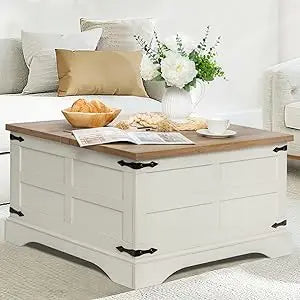 Farmhouse Rustuc Square Wooed Coffee Table with Hinged Lift Top and Large Hidden Storage Compartment