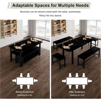 63" Large 5-piece Extendable Kitchen Table Set-with 2 Benches and 2 Square Stools