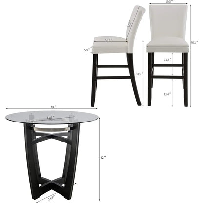 42" Tempered  Top High Bar Table Stools Set of 5 Upholstered Back with Four 31.9"H Barstools Chairs