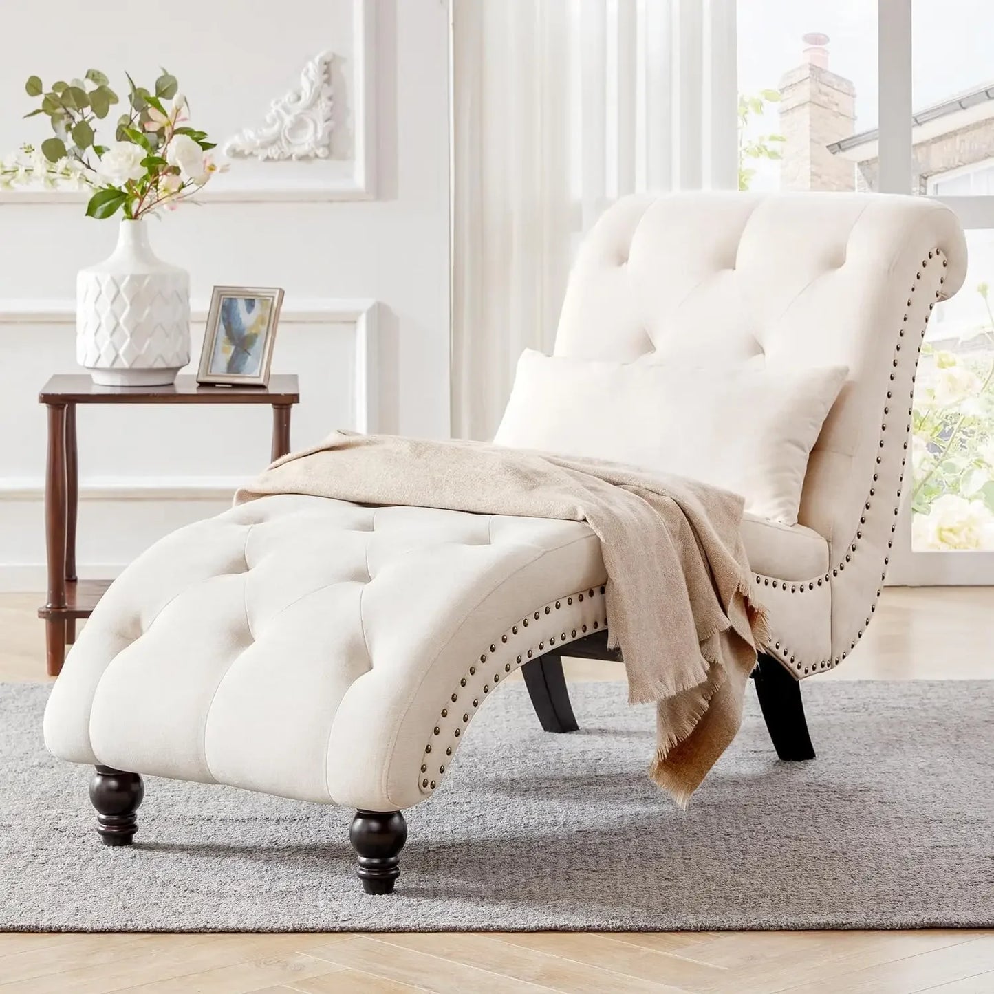 Tufted Soft Chaise Lounge, Linen Rivets Chaise Lounge Armless Chair