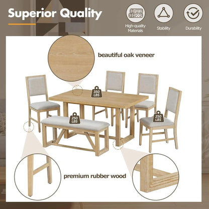 6-Piece Retro Dining Set for 6 Dining Table Set with 4 Upholstered Chairs & 1 Rectangular Bench