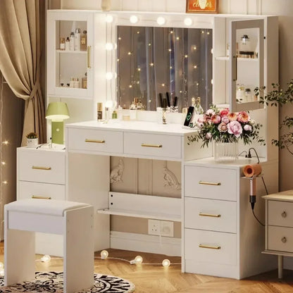 58.3" Vanity Desk with Mirror  and 10 LED Lights, 8 Metal Sliding Drawers & 2 Cabinets,Vanity Set