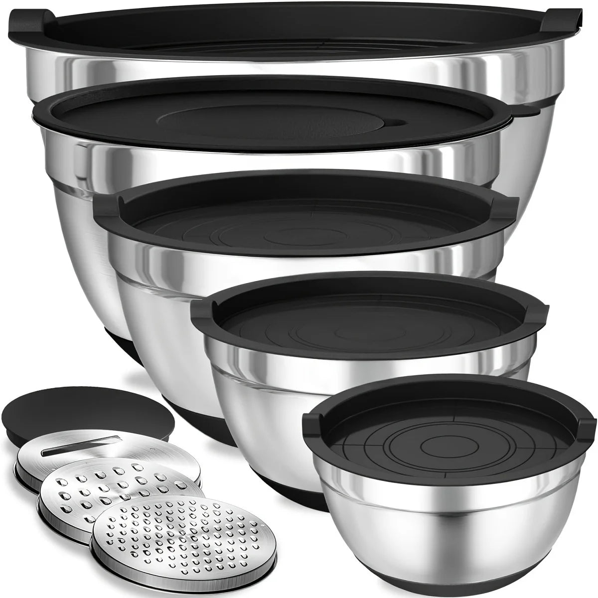 8pcs Stainless Steel Mixing Bowl set with Airtight Black Lids with Attachments  Bottoms