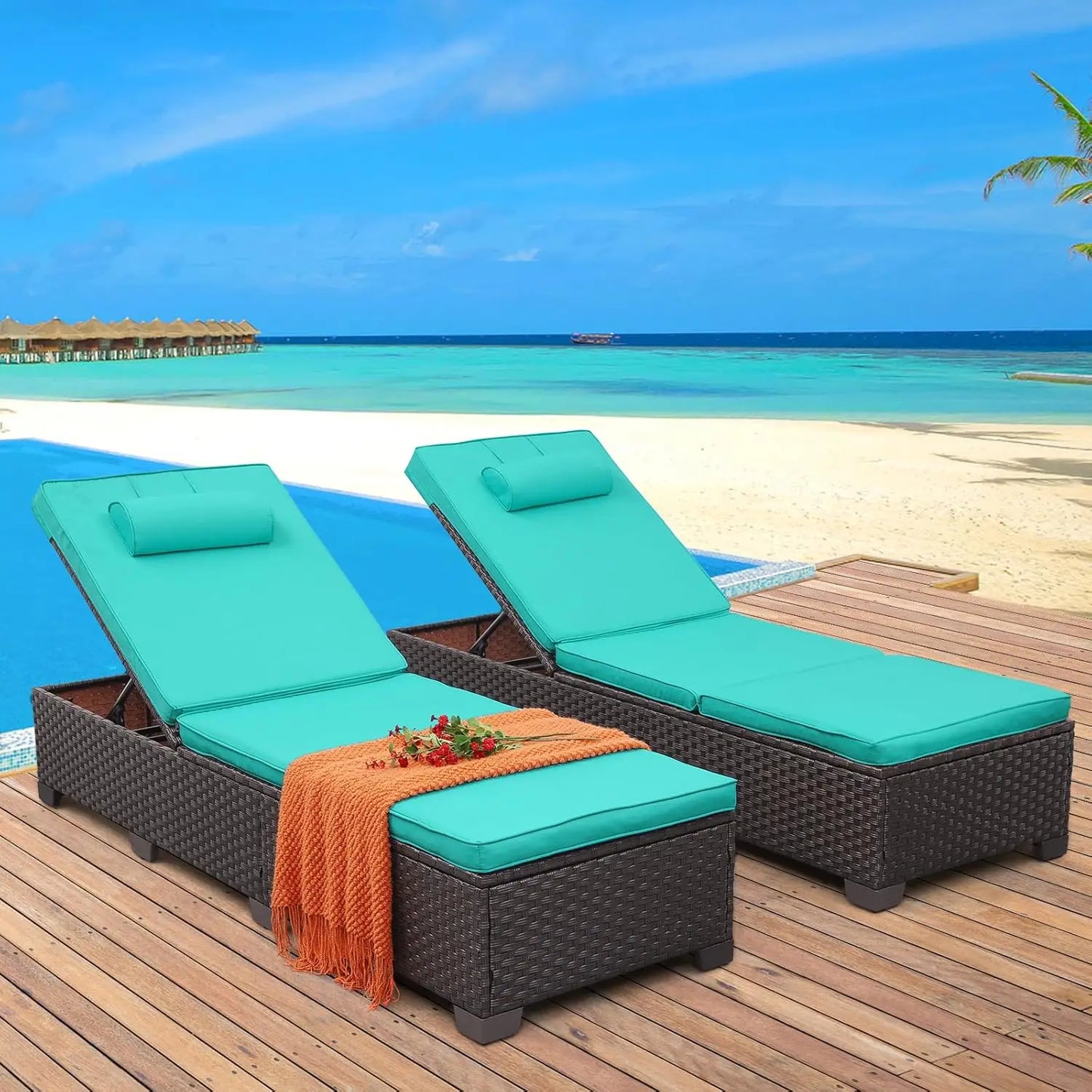 Outdoor Chaise Lounge Set of 2, Brown Wicker Pool Lounge Chairs, Multi-Angle Adjustable Backrest