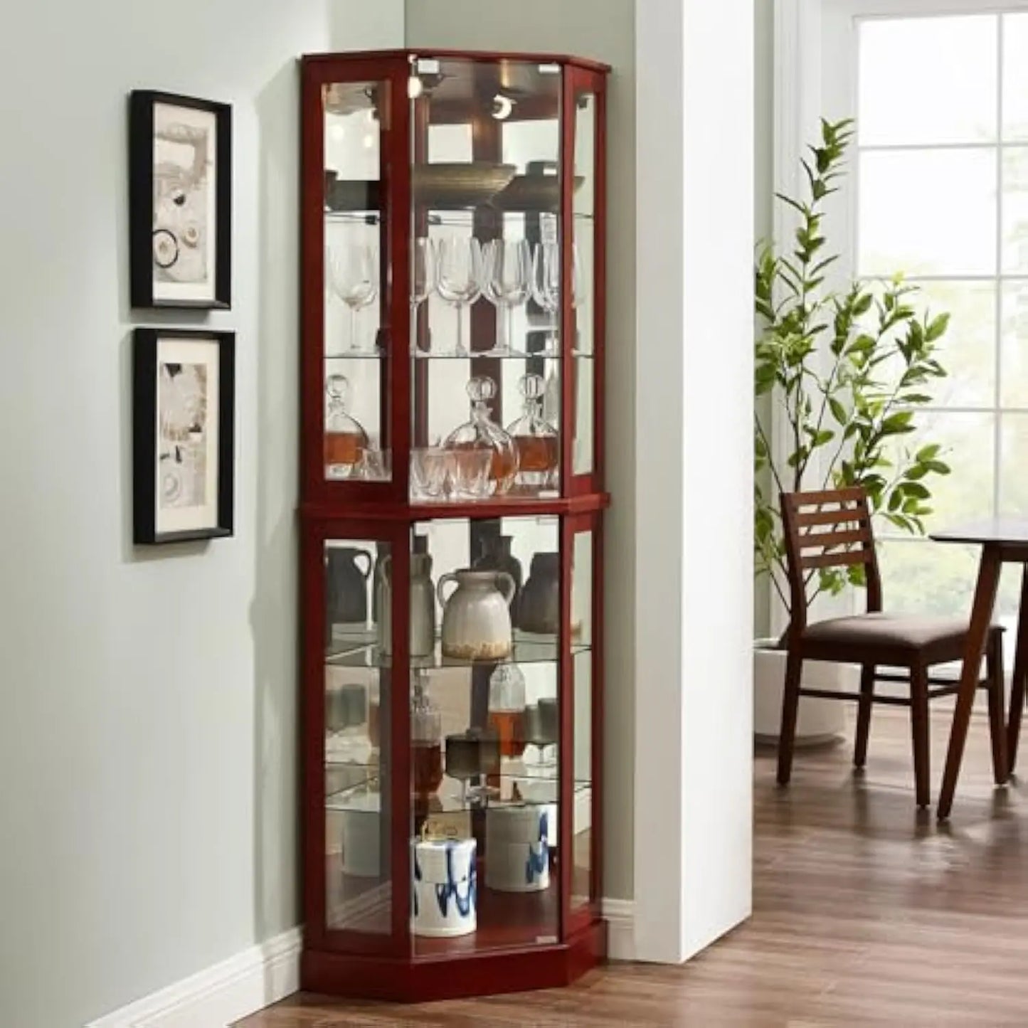 Lighted Curio China Cabinet Corner Display with Tempered Glass Doors and Shelves, Wooden Accent
