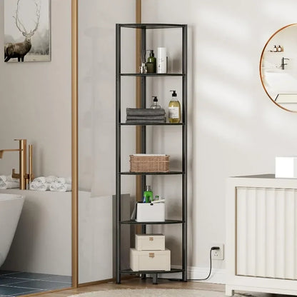 6 Tier Corner Shelf with LED Light 67.5” Tall Standing Shelf Organizer, Black Narrow Bookshelf with Storage Rack for Wall Corner