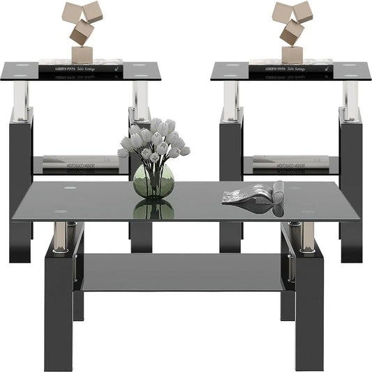 Black Glass Coffee Table Set of 3 and 2 End Side Tables, Metal
