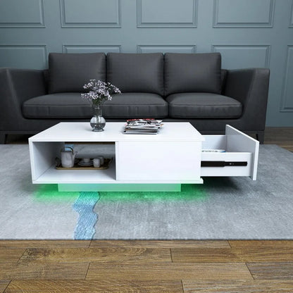 Modern Rectangle White LED Coffee Tables with Drawer & 16-Color LED Lights