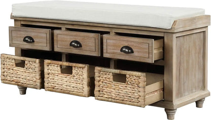 Wood Storage Entryway Bench with 3 Drawers, 3 Rattan Baskets with removable cushion