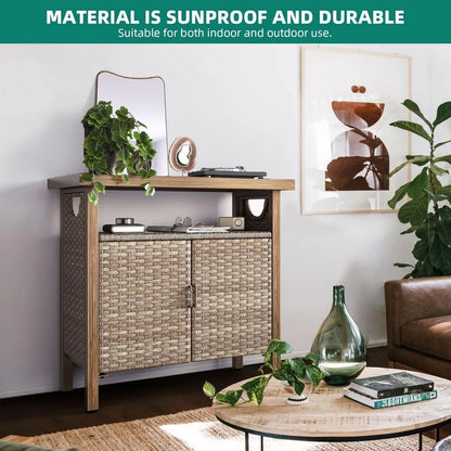 Patio Bar Table with Two Doors and Shelves, Waterproof Wicker Outdoor Storage Cabinet